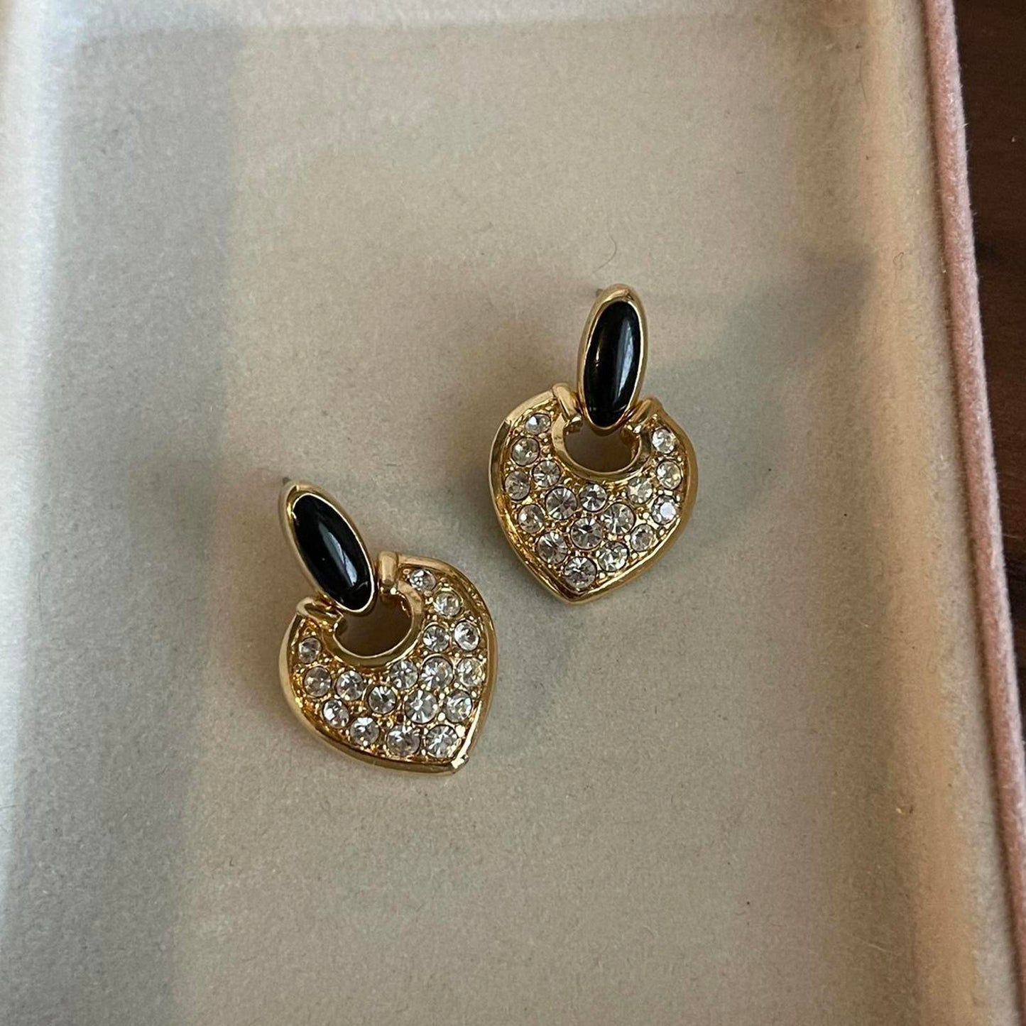 Swarovski Swan Heart Earrings Signed Crystal Pave Black Enamel Pierced Dangle