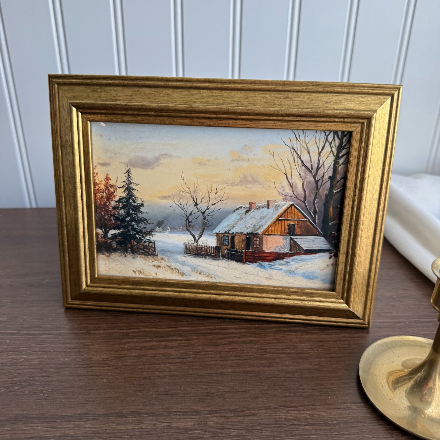 Vintage winter landscape rustic cabin painting Art Print gallery wall