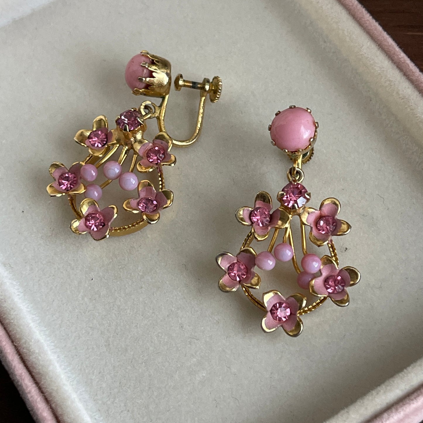 Vintage Pink floral and rhinestone screw back earrings