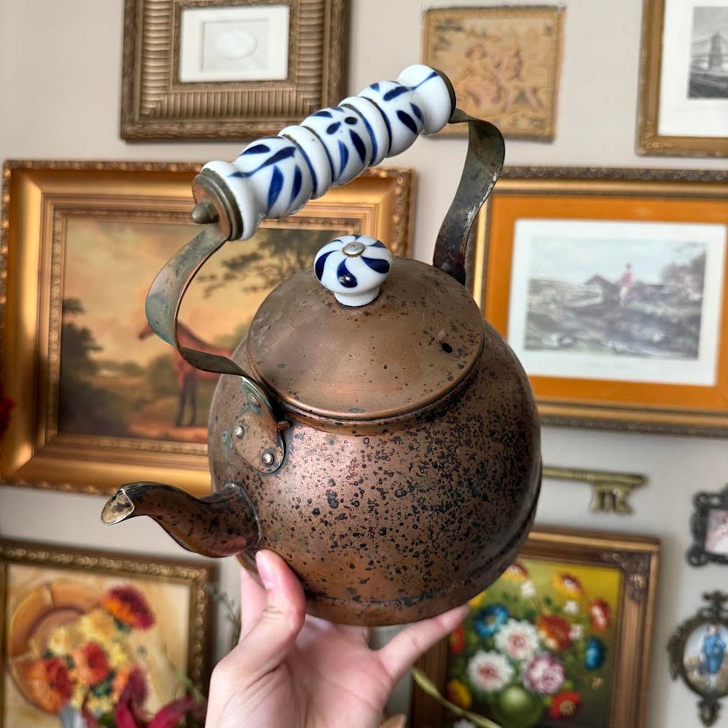 Vintage Copper Tea Kettle w White and Blue Porcelain Handle