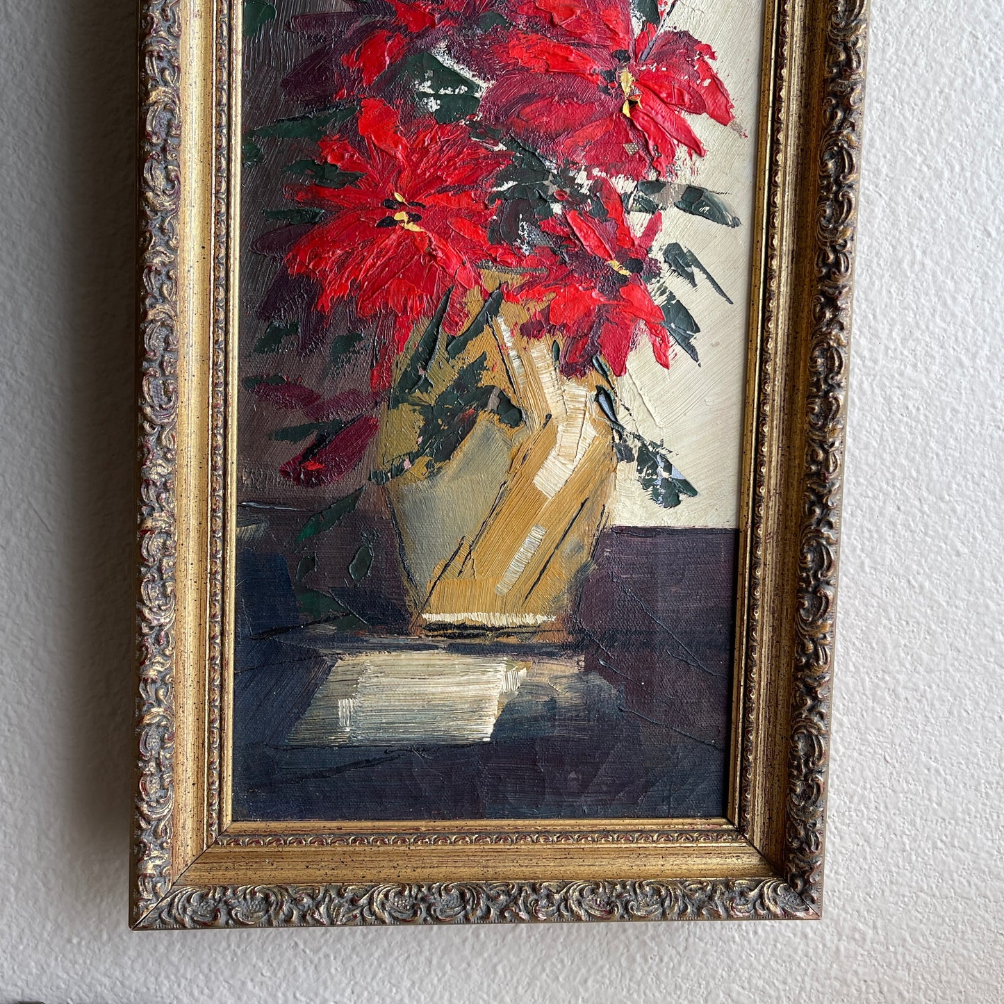 Vintage Red Poinsettia Flowers in Vase Painting Framed