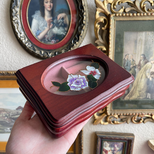 Vintage Small Wood Jewelry Box With Glass Lid And Painted Floral Design