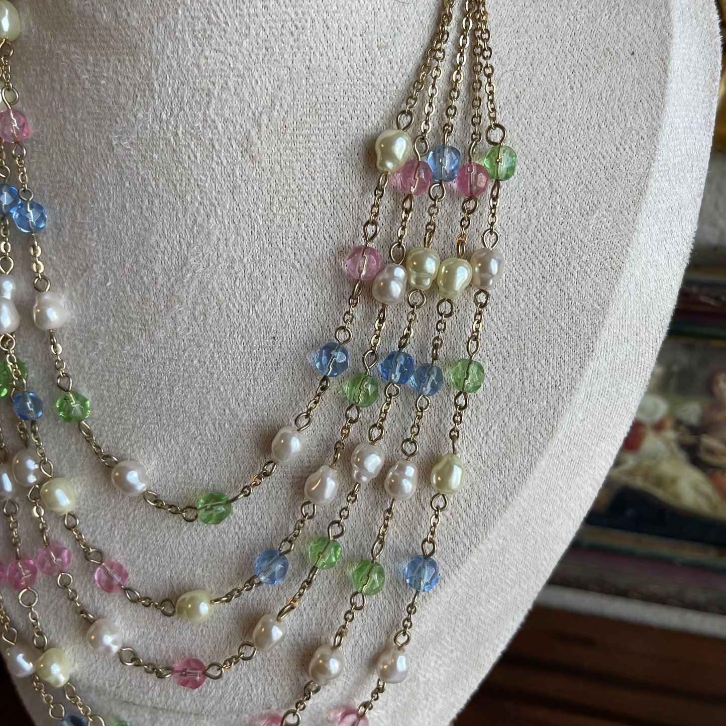 Vintage multi strand faux pearl and pastel bead necklace