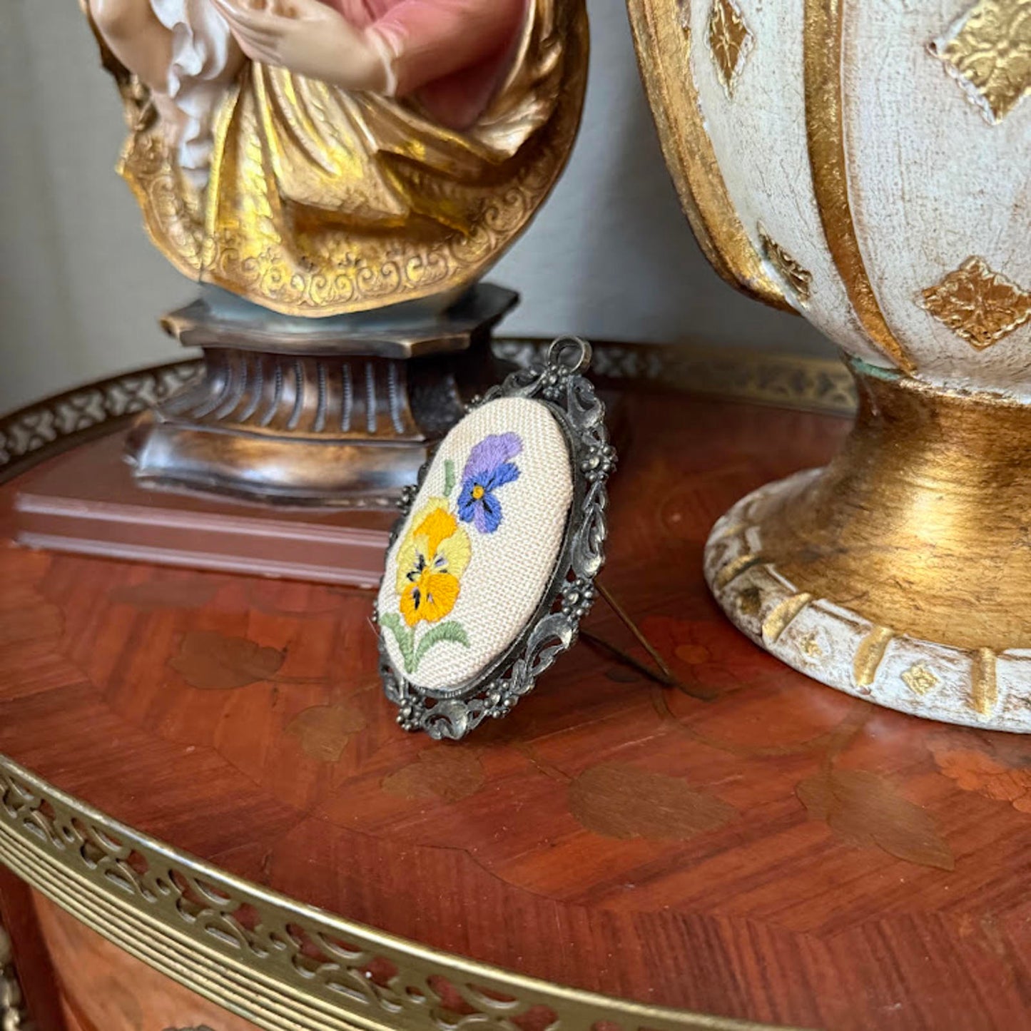 Vintage Oval Floral Embroidery in Orange Metal Frame