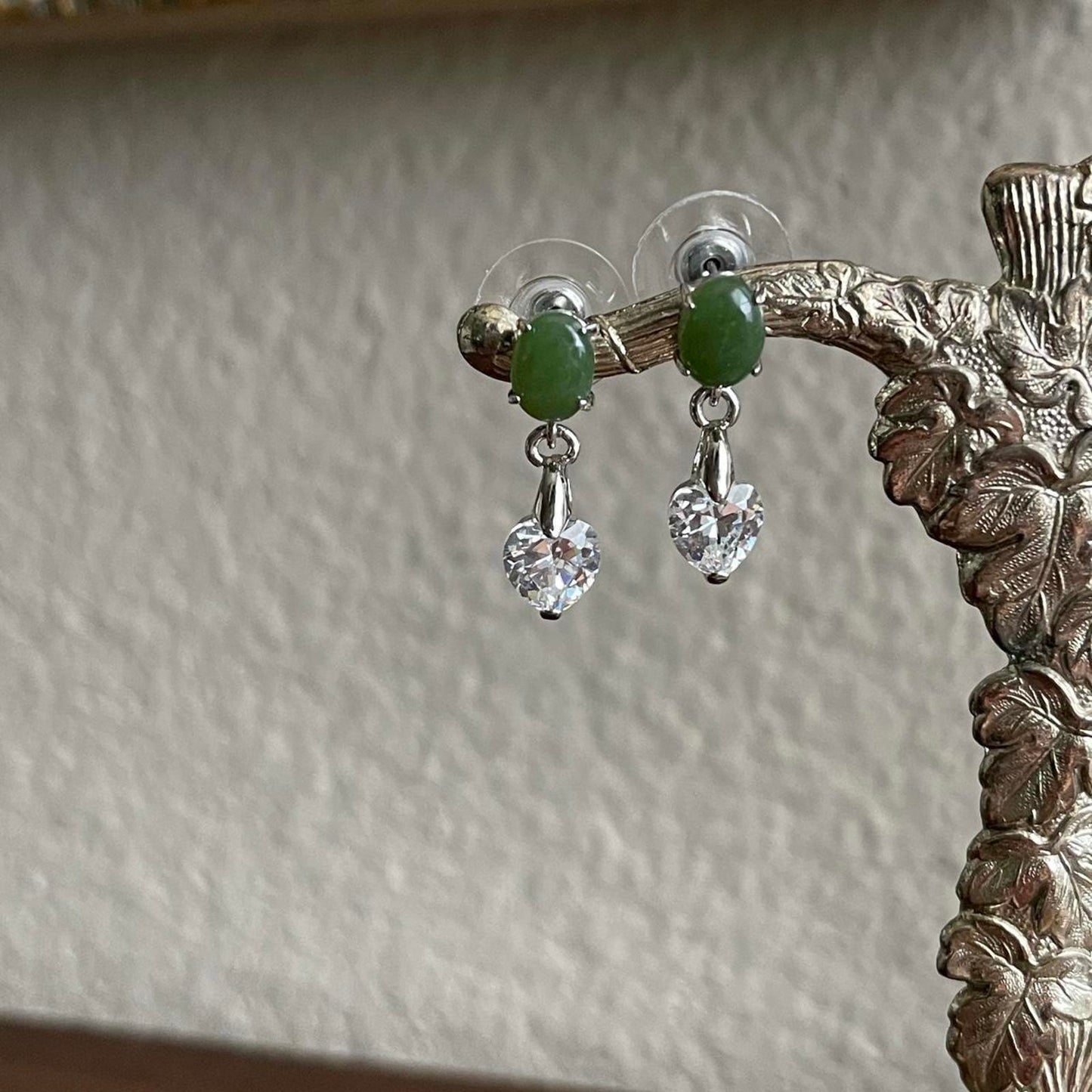 Silver tone genuine Jade heart crystal earrings