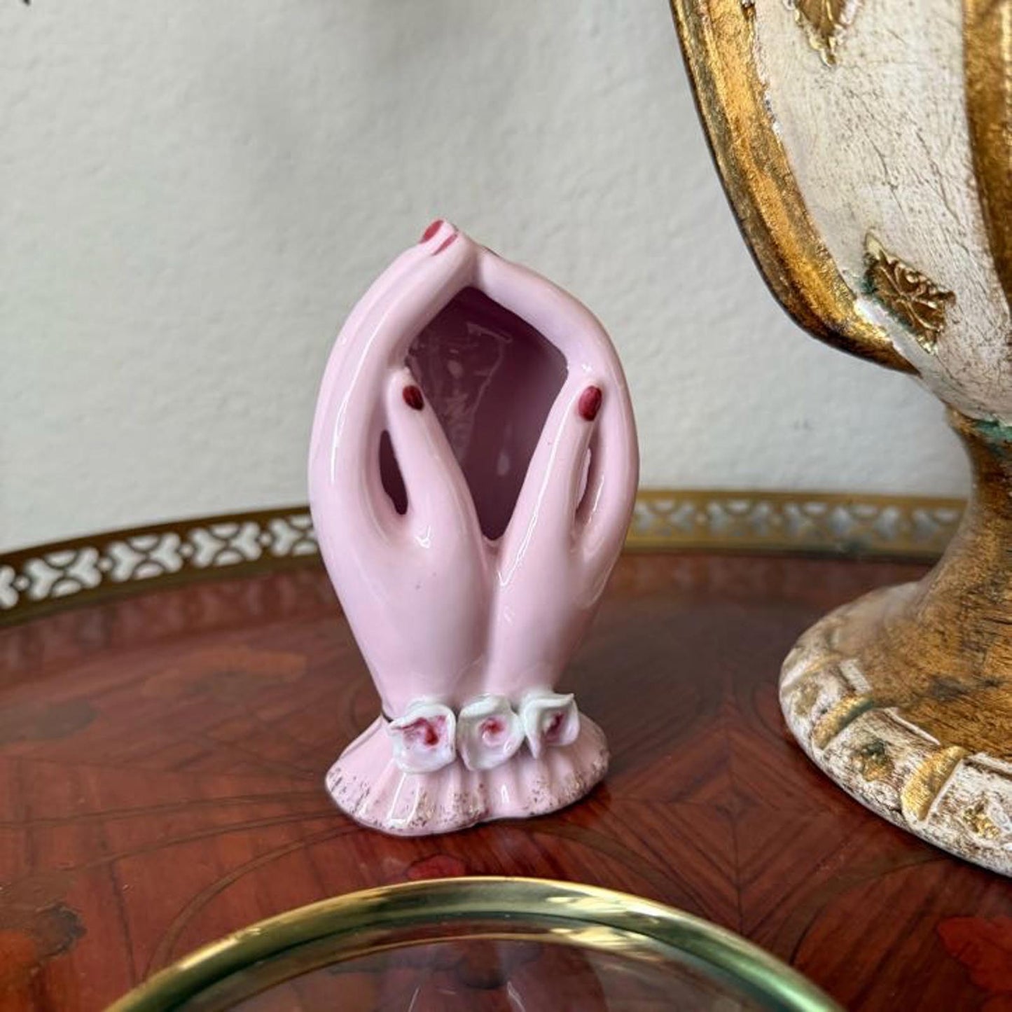 Vintage Purple Porcelain Hand Vase with Red Nails