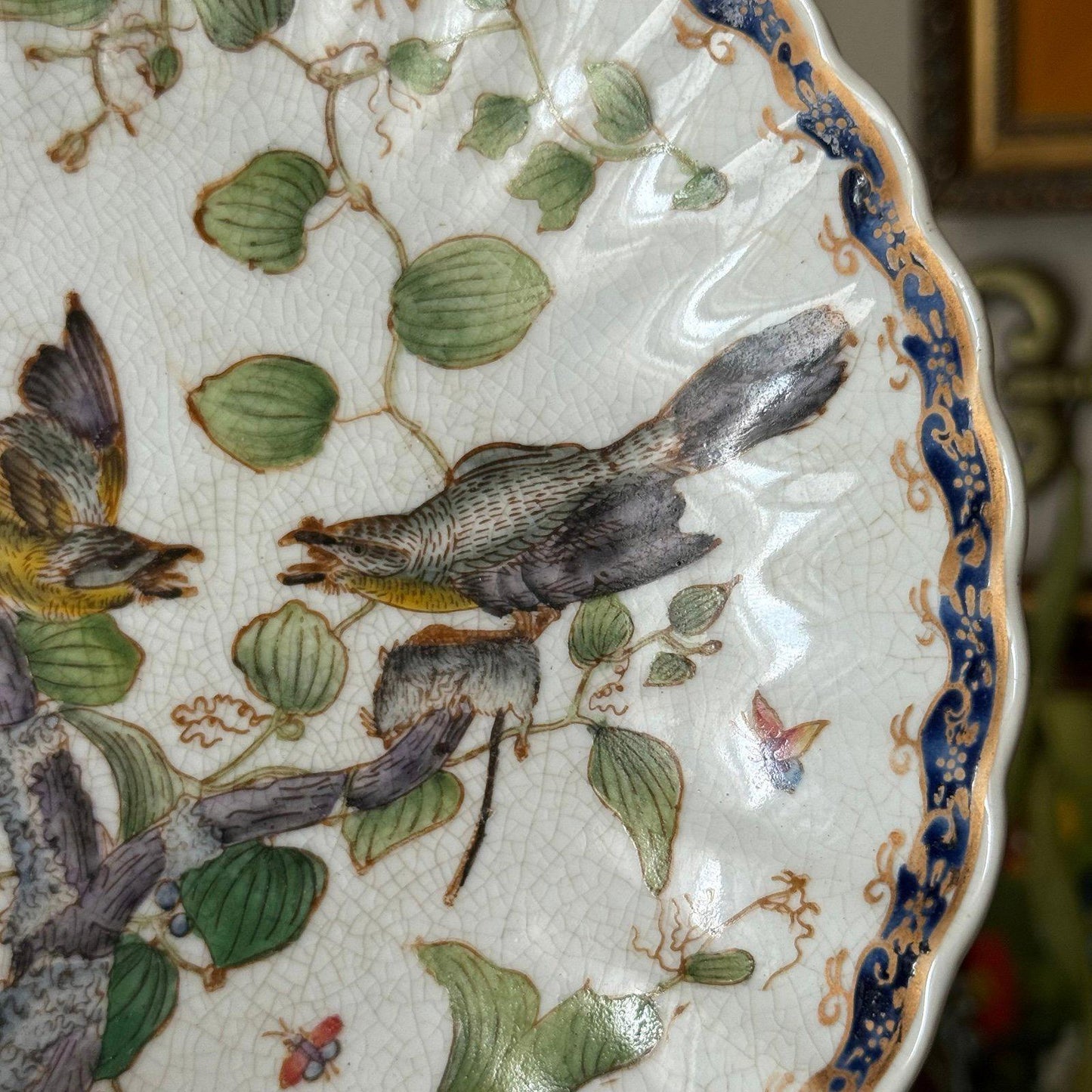 Famille verte-inspired or chinoiserie-style bird and botanical motif