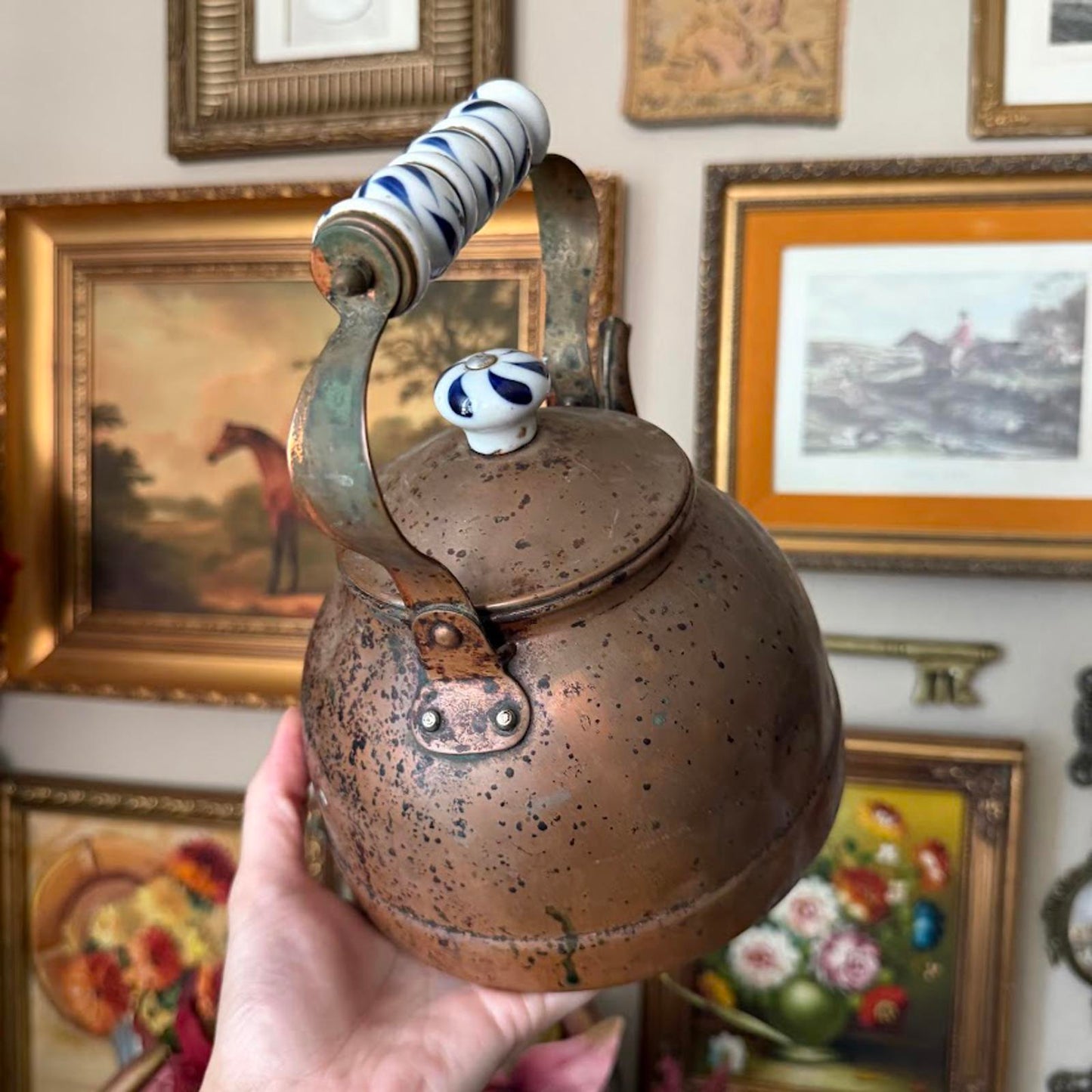 Vintage Copper Tea Kettle w White and Blue Porcelain Handle