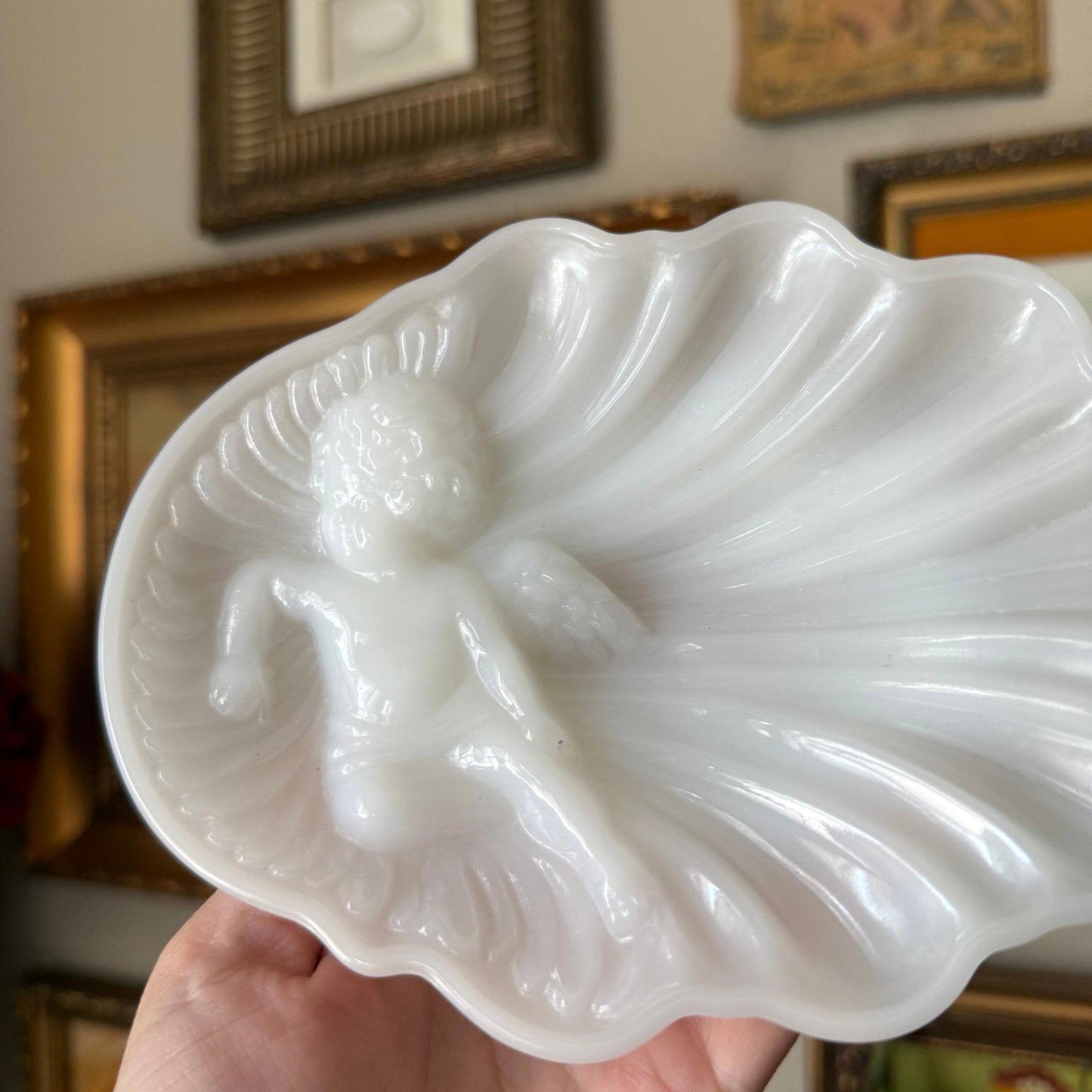 Vintage Avon Soap Dish with Angel Cherub White Milk Glass Heavenly Collection