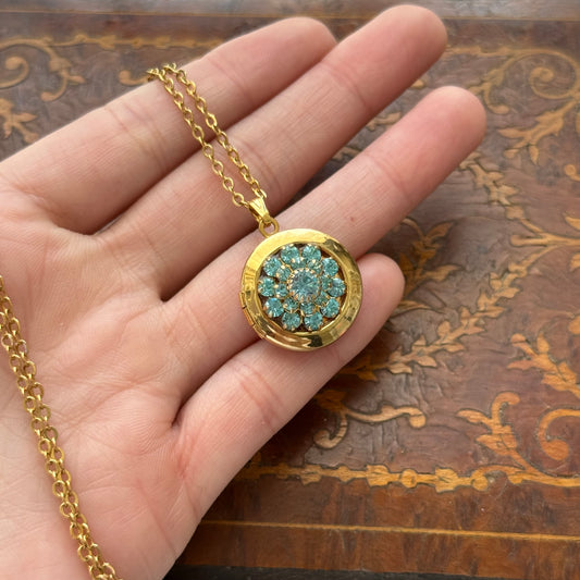 Vintage Blue Rhinestone Locket Necklace