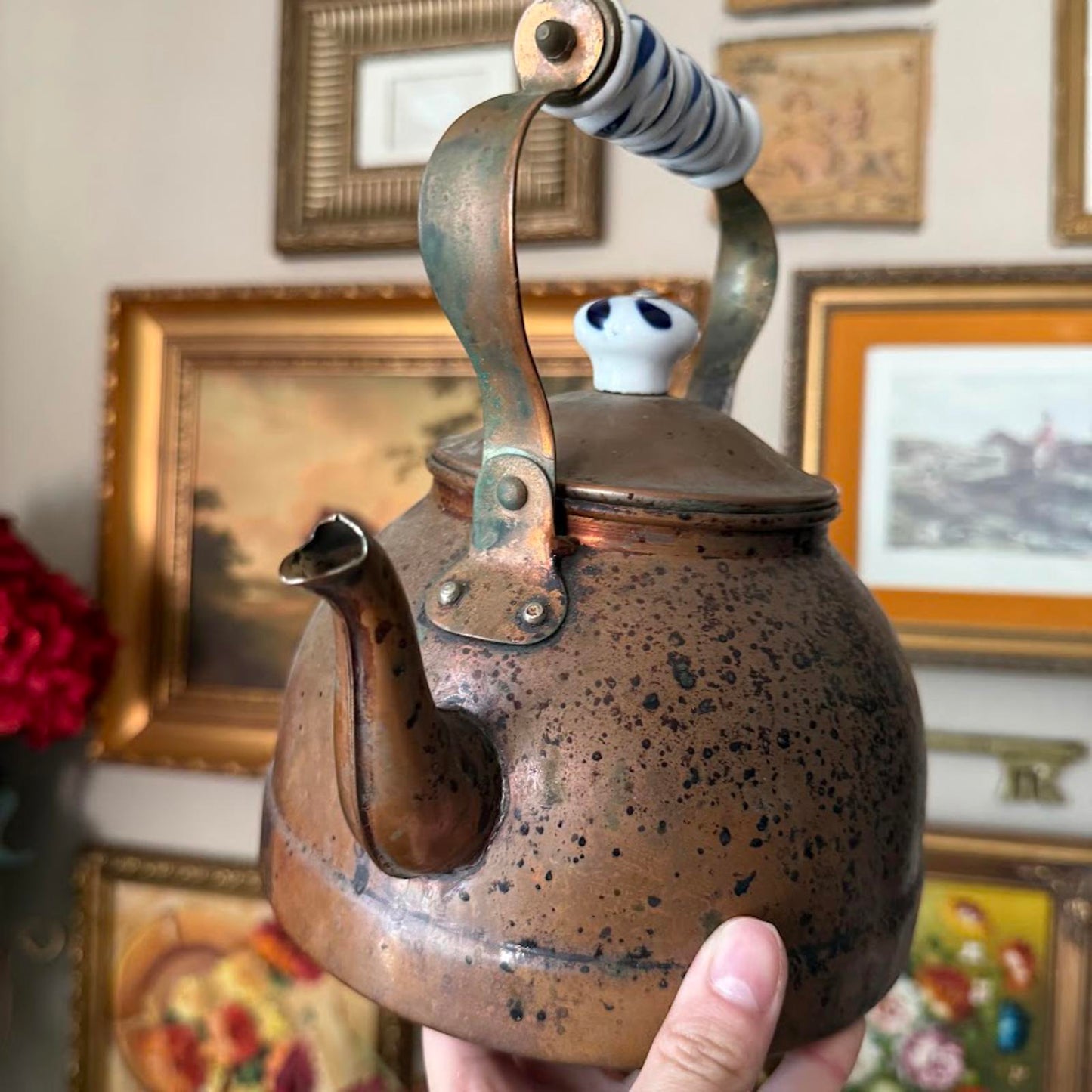 Vintage Copper Tea Kettle w White and Blue Porcelain Handle