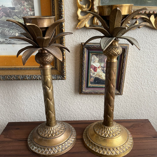 Vintage Palm Tree Frond Leaf Brass Taper Candle Stick Holders