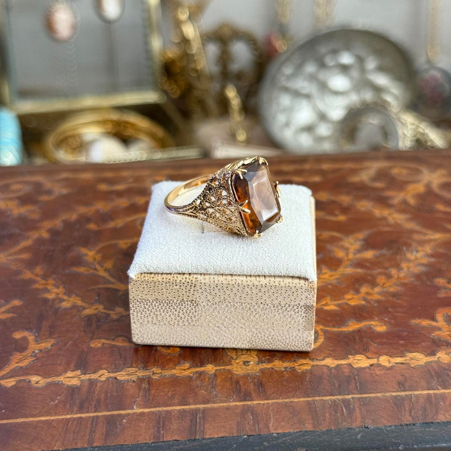 Vintage Style 14kt GE Gold Electroplated Orange Glass stone Ring