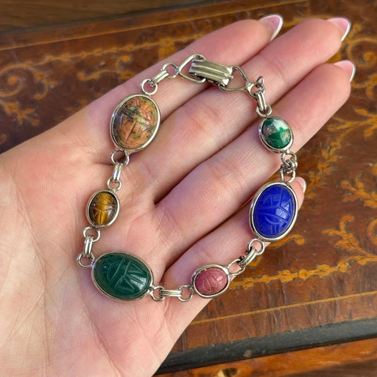 Vintage Mid Century 925 Sterling Silver Carved Gemstone Scarab Bracelet