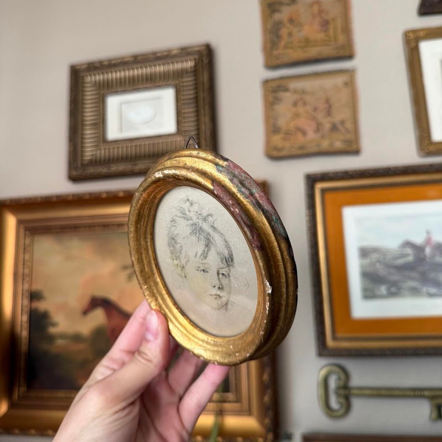 Vintage Small Oval Frame with Portrait Art