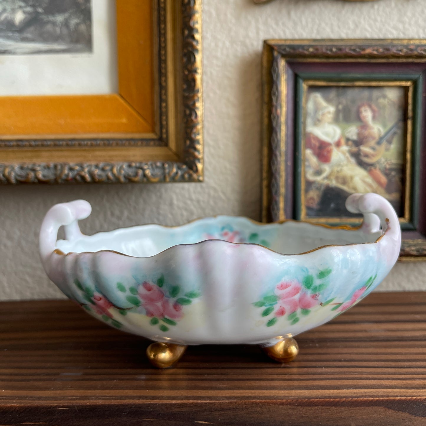 Vintage floral hand painted footed bowl