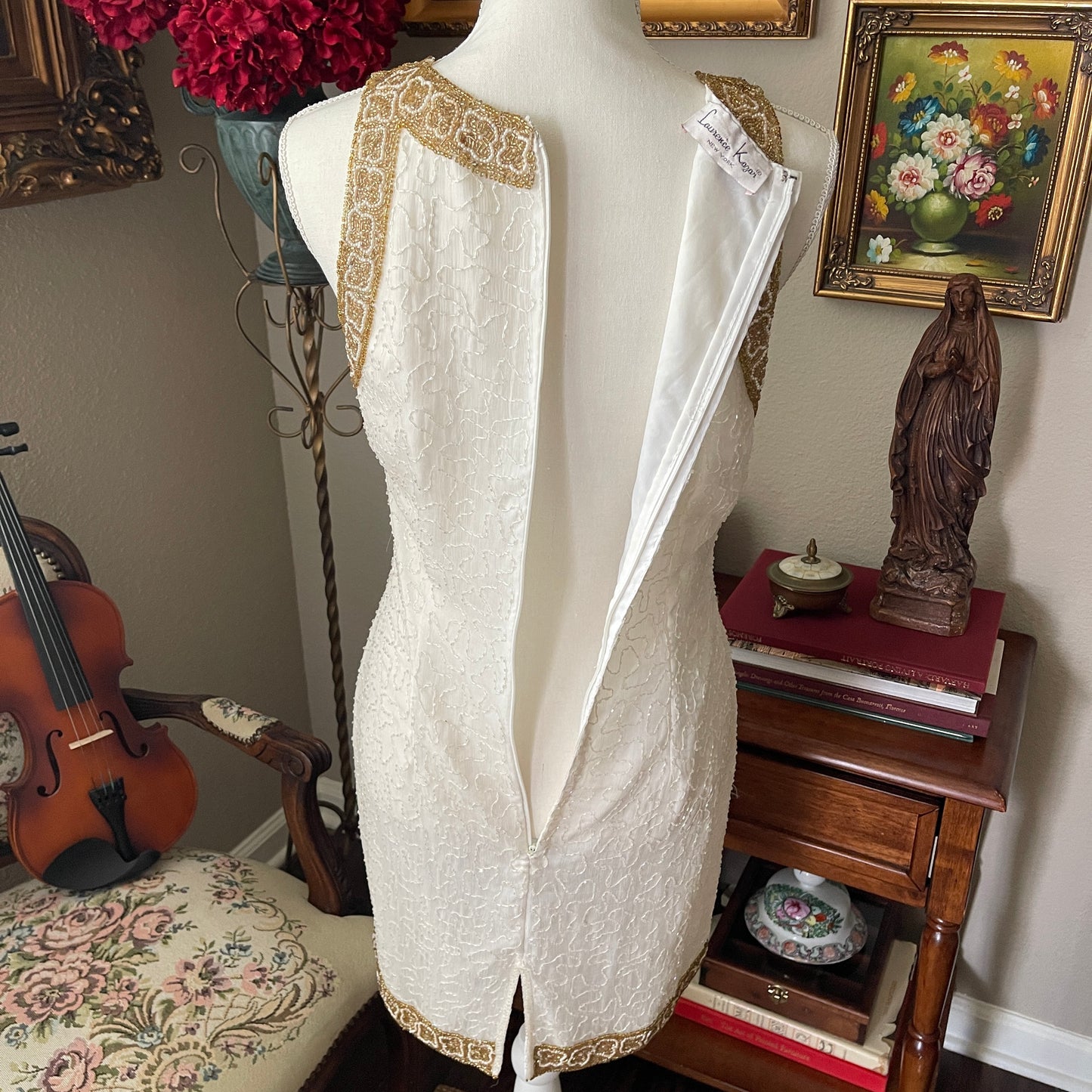 Laurence Kazar Vintage 80s White & Gold Beaded Dress