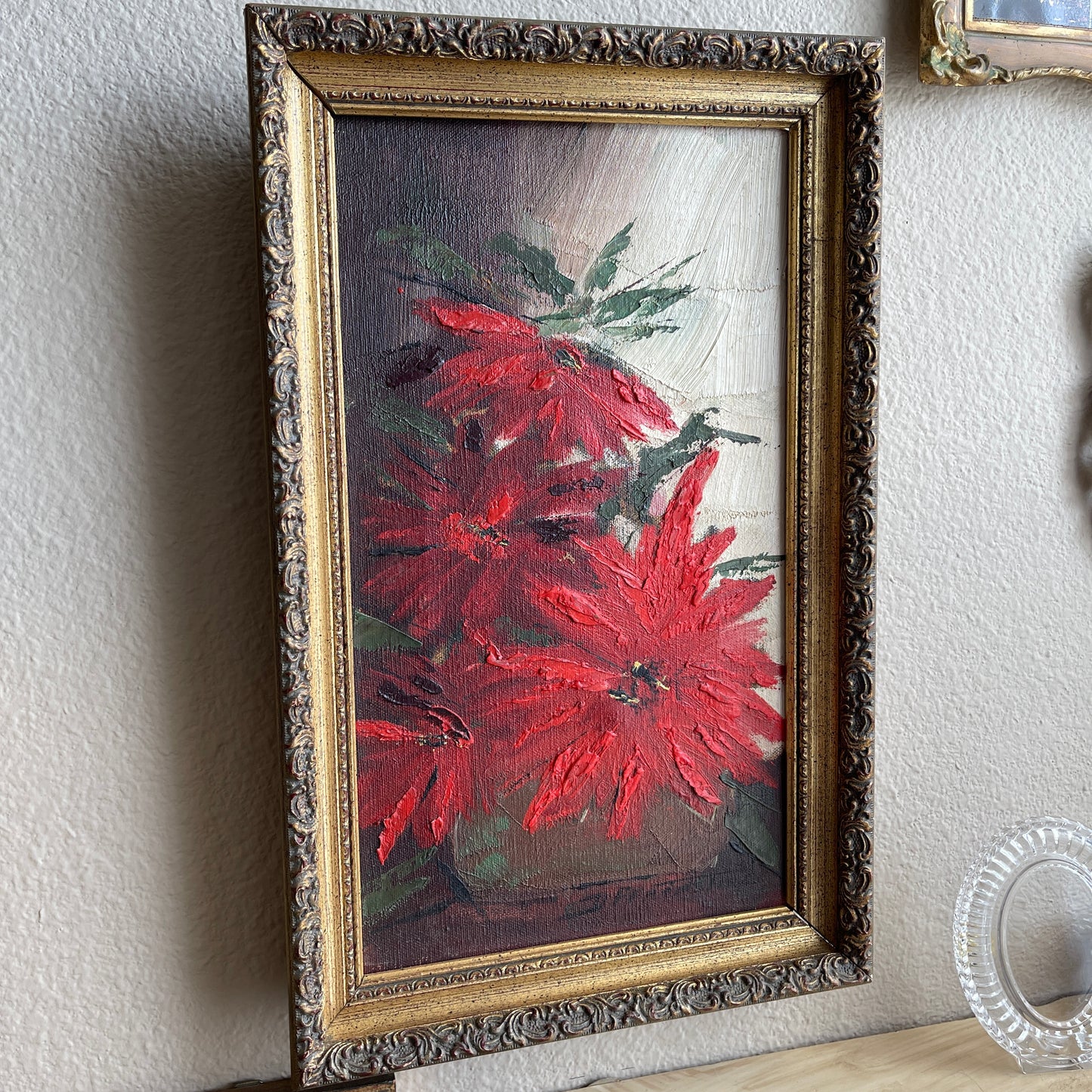 Vintage Red Poinsettia Flower Painting Framed