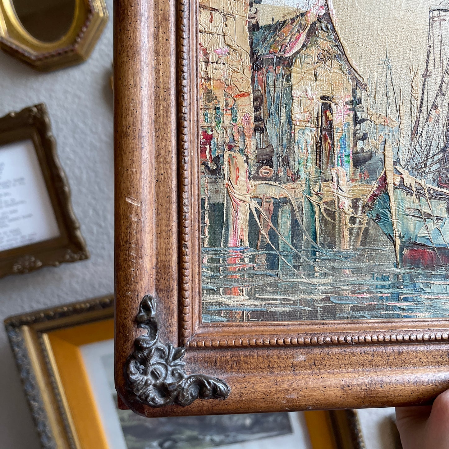 Vintage painting sailboat scenery canvas painting wood frame