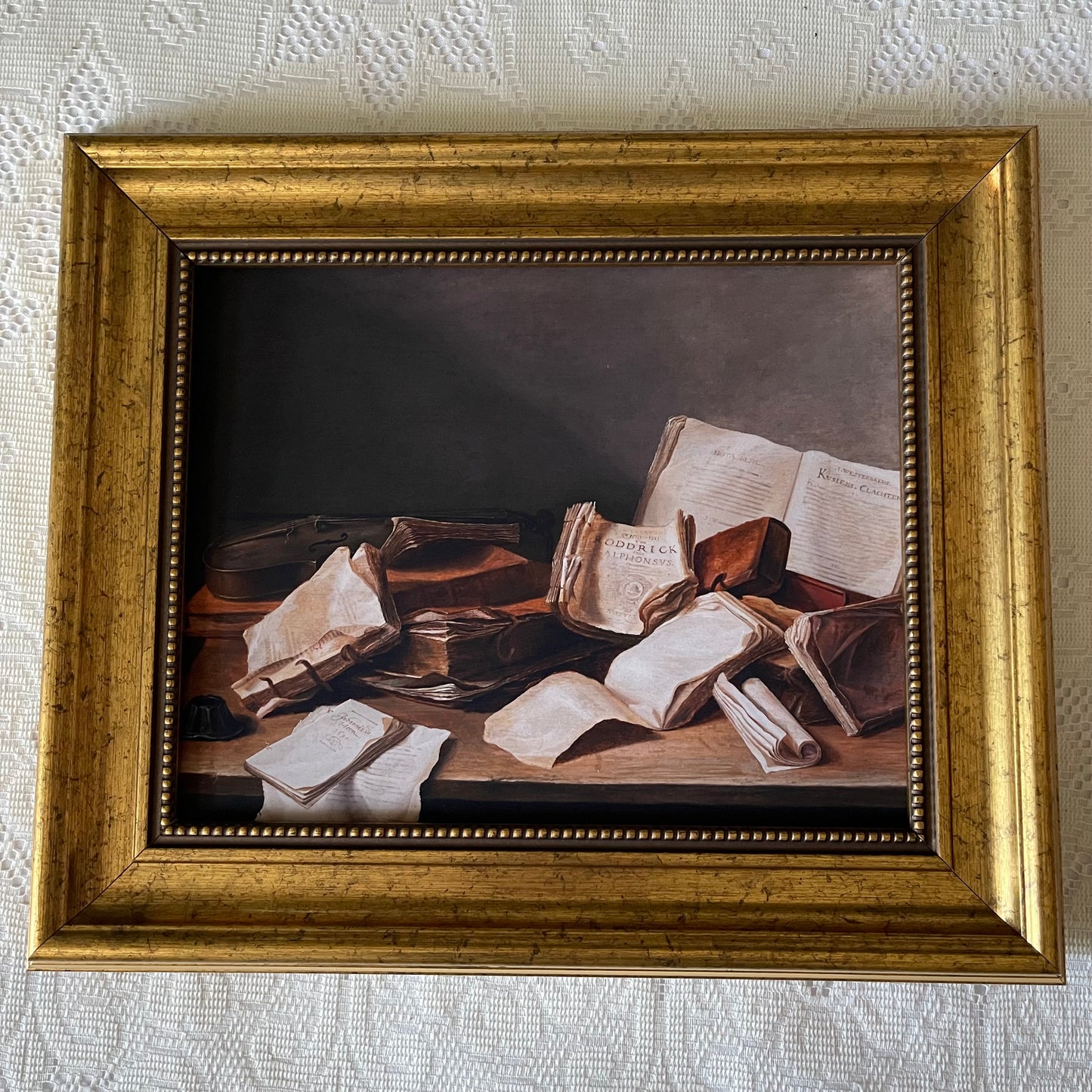 Vintage Inspired stack of vintage books art Print framed