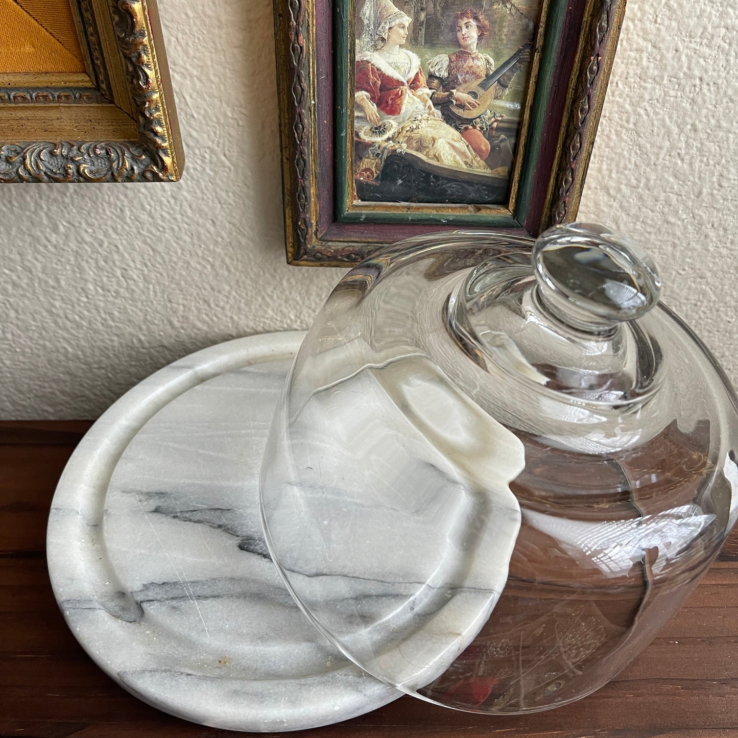 Vintage Gray/White Marble Cheese Board/Tray Clear Glass Dome