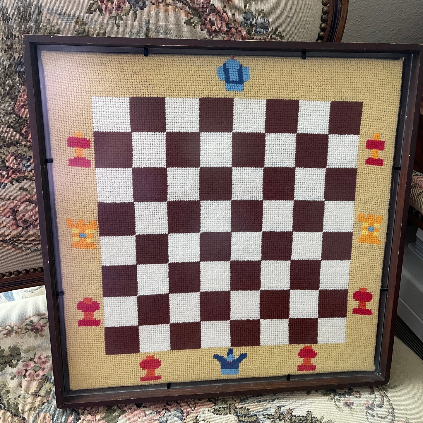 Vintage handmade checkers chess board needlepoint piece art work framed