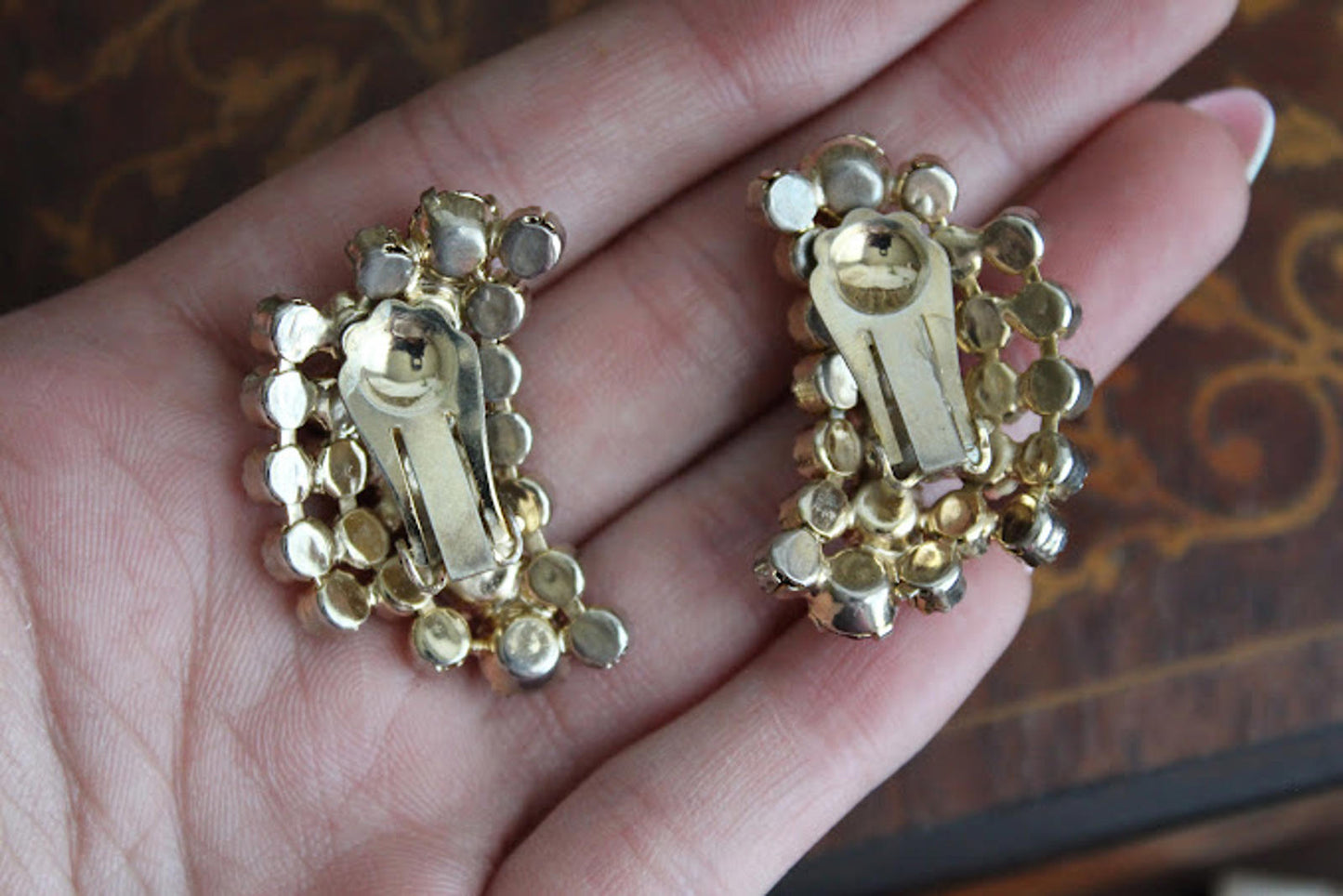 Vintage Glass Red & Clear Rhinestone Clip Earrings