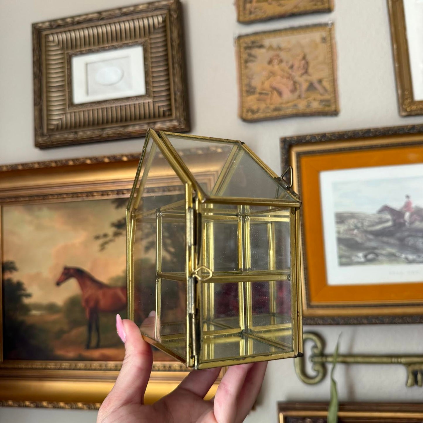Vintage Mirrored Brass and Glass House-Shaped Display Shelf