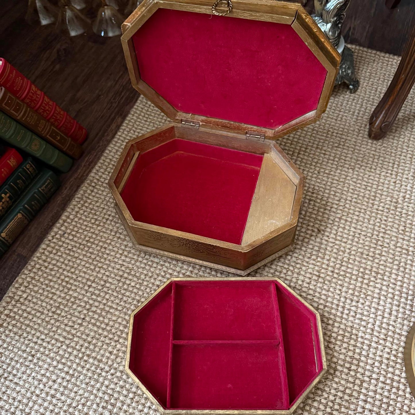 Vintage Large Gold Victorian Girl Reading a Book Music Jewelry Box