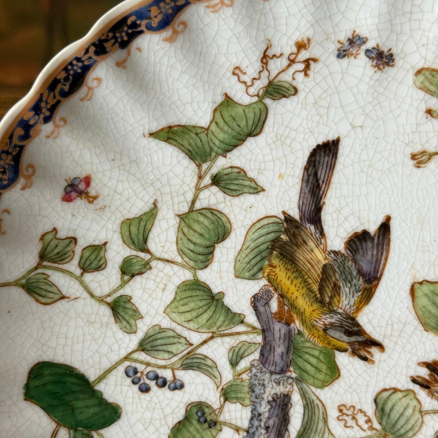 Famille verte-inspired or chinoiserie-style bird and botanical motif