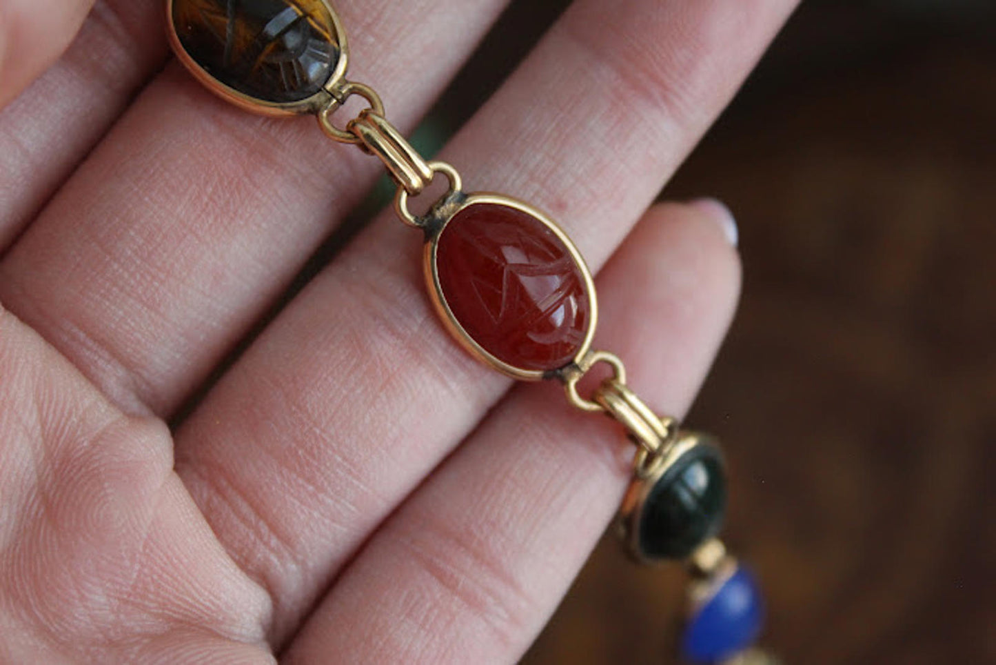 Vintage Mid Century Gold Tone Carved Gemstone Scarab Bracelet
