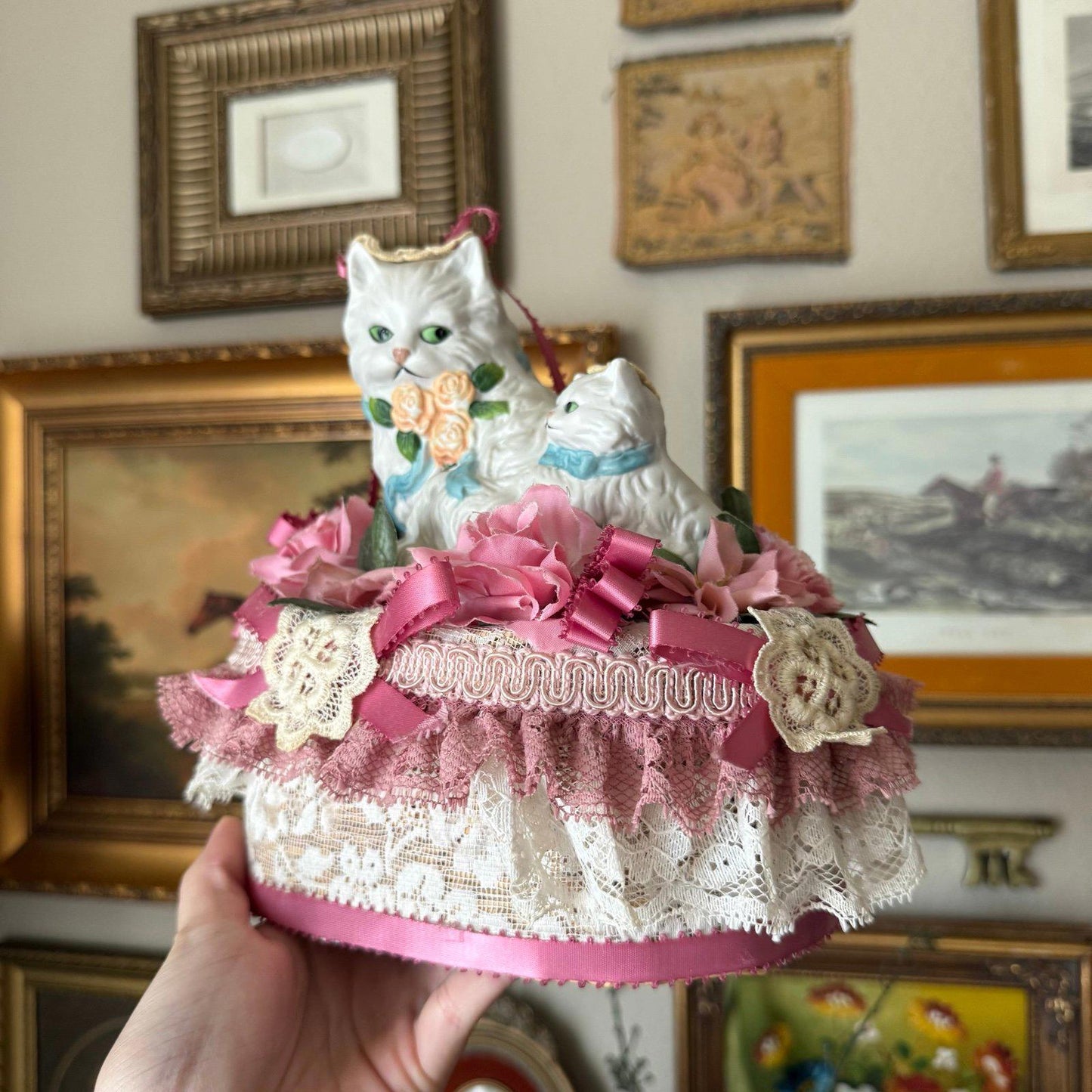 Vintage Handmade Persian porcelain cat Basket