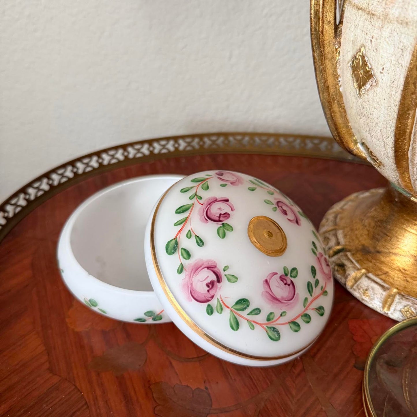 Vintage Hand Painted Floral Lidded Glass Dish