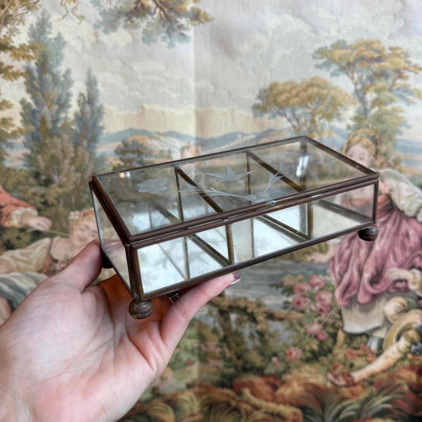 Vintage Bird & Flower etched Glass Jewelry box