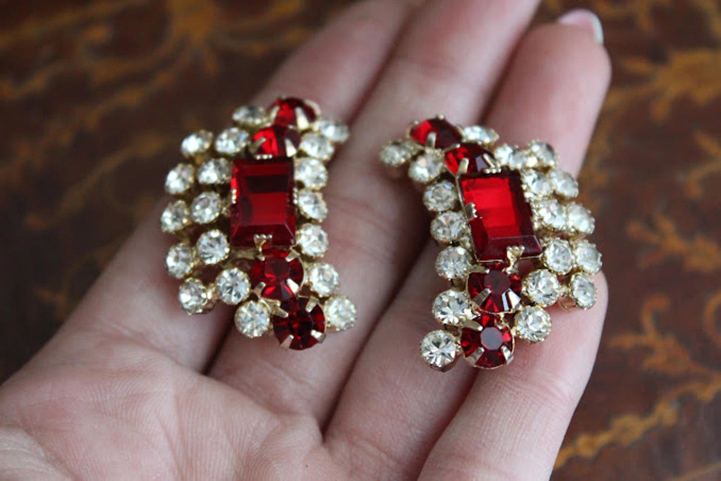 Vintage Glass Red & Clear Rhinestone Clip Earrings