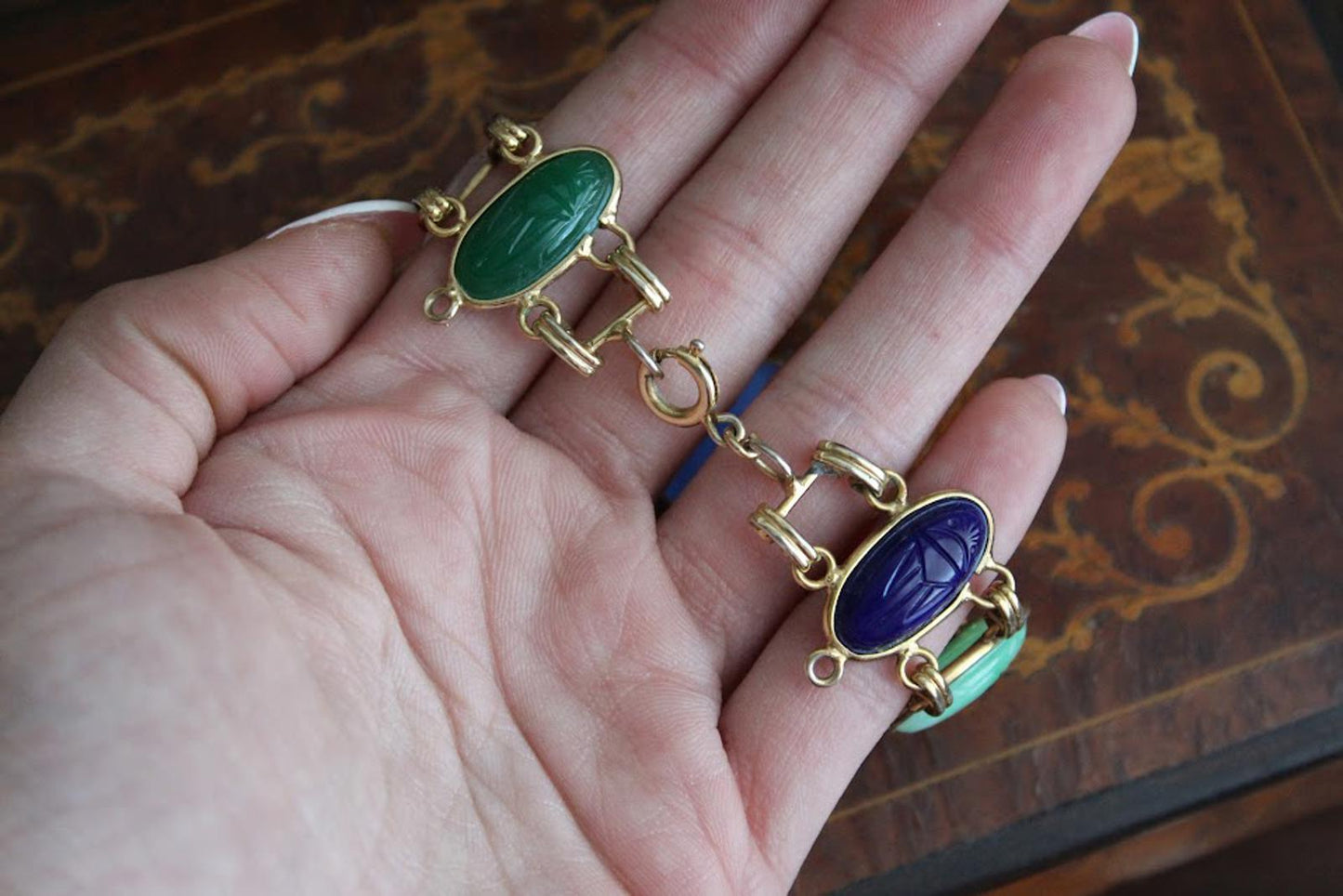 Vintage Egyptian Revival Gold Toned Scarab Bracelet