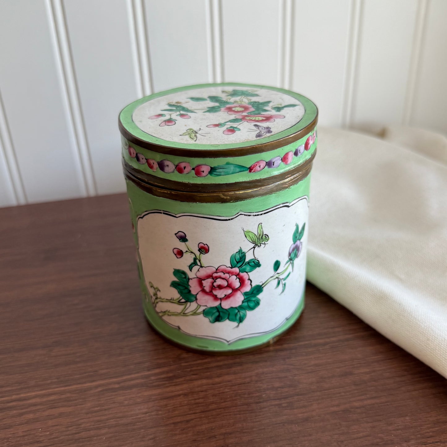 Vintage Chinese Hand-Painted Enamel Over Brass Tea Caddy Lidded Canister