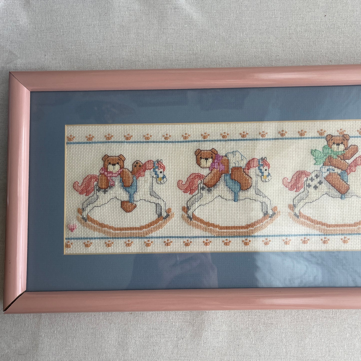 Vintage Bears and rocking horse needlepoint framed art