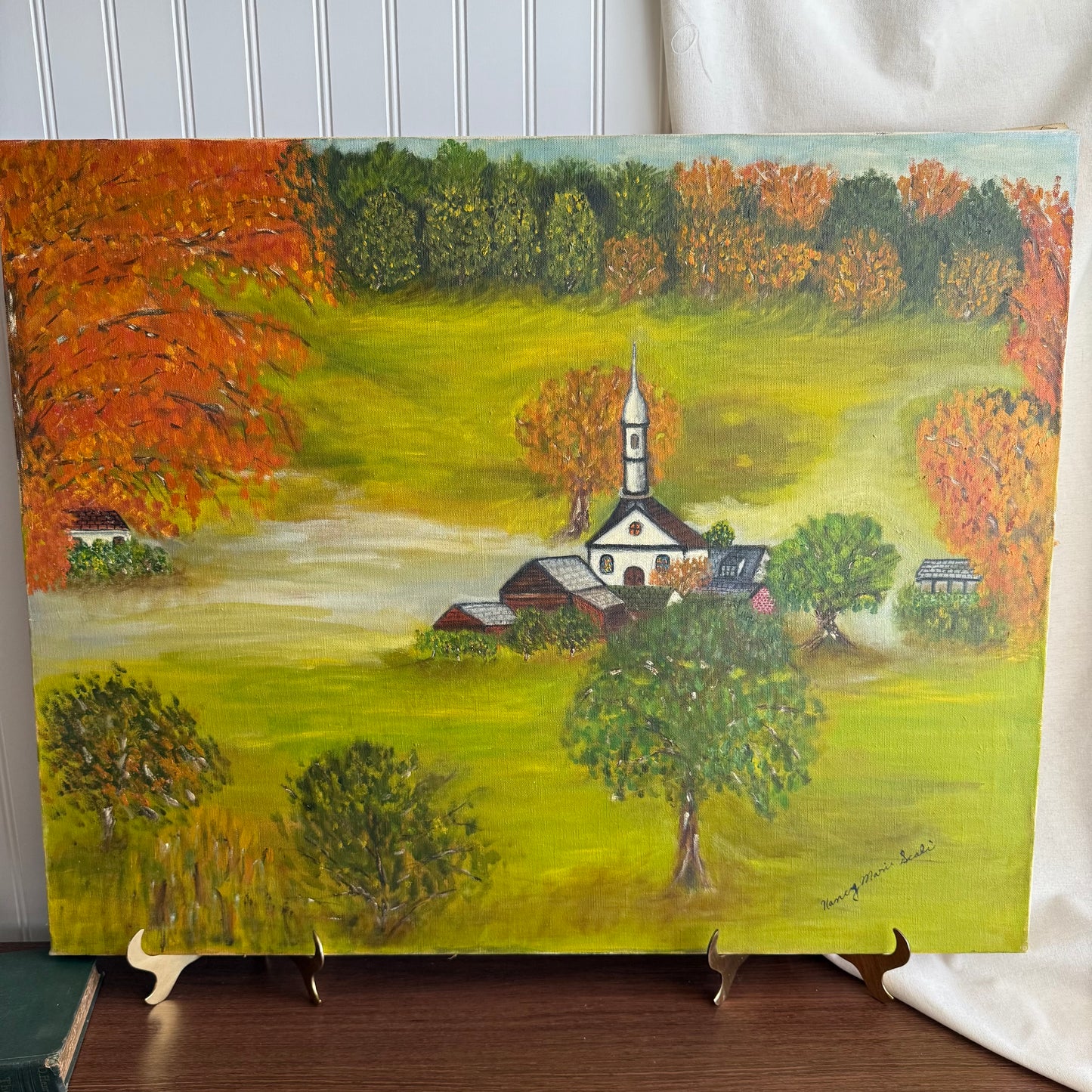 Landscape With Church Scenery Oil Painting Signed