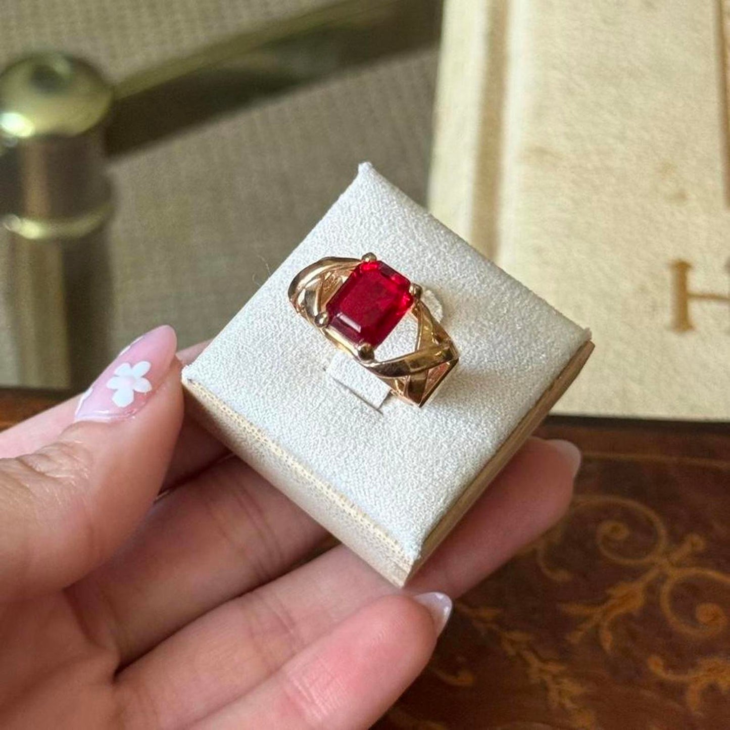 Vintage Gold Electroplated Red Ruby faux Glass Ring