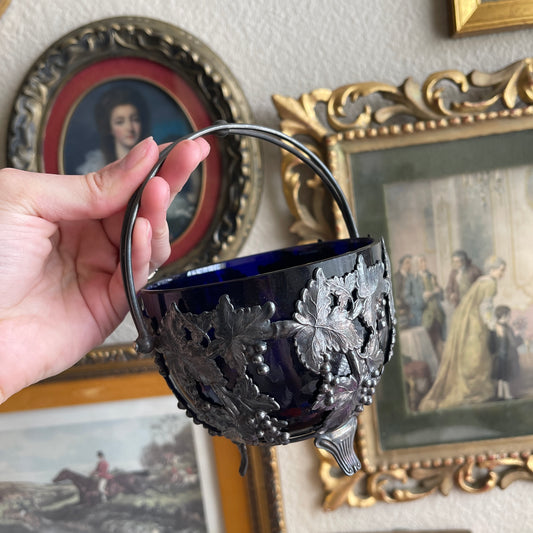 Vintage 1920's Silver Plated Bowl Basket with Cobalt Blue Glass Insert