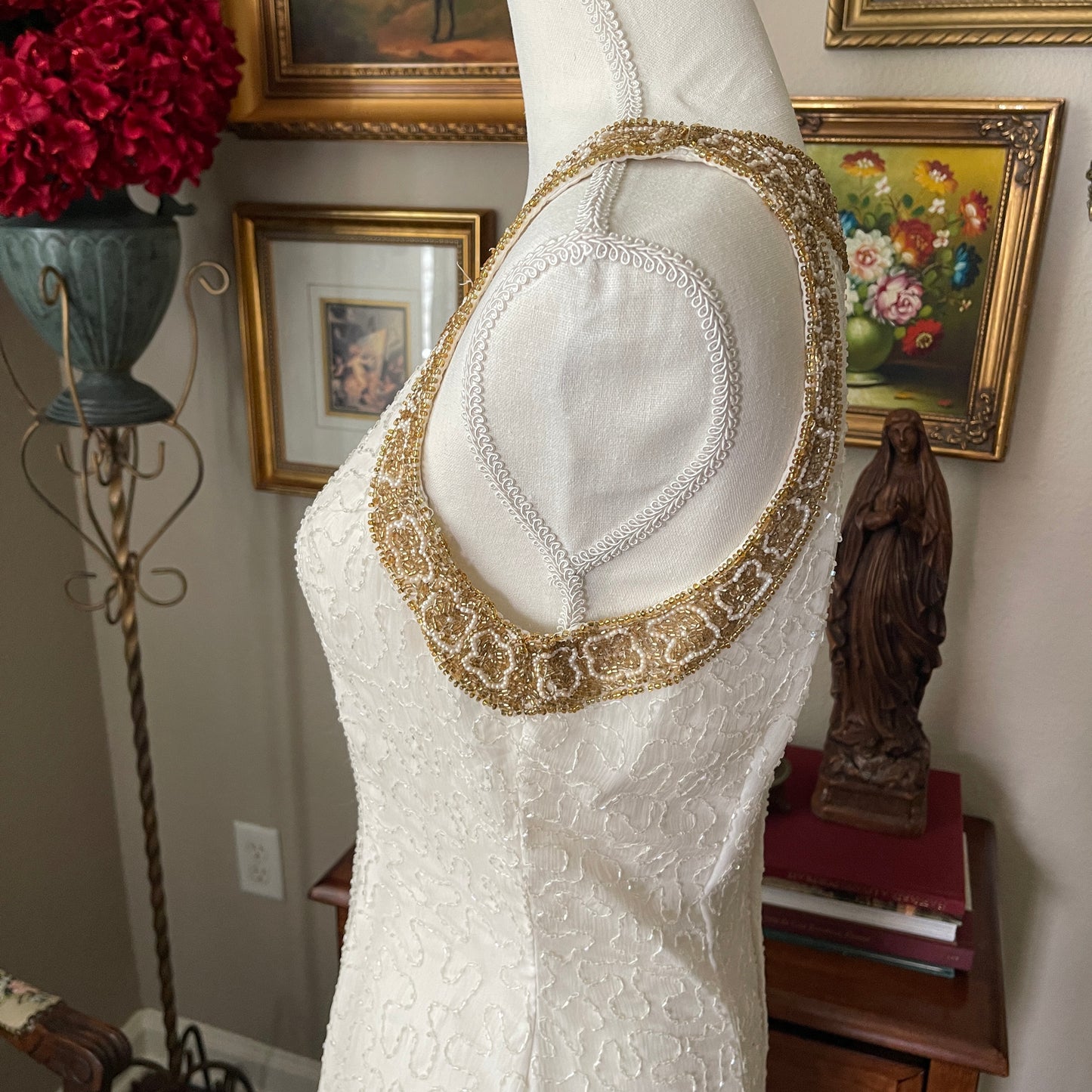 Laurence Kazar Vintage 80s White & Gold Beaded Dress