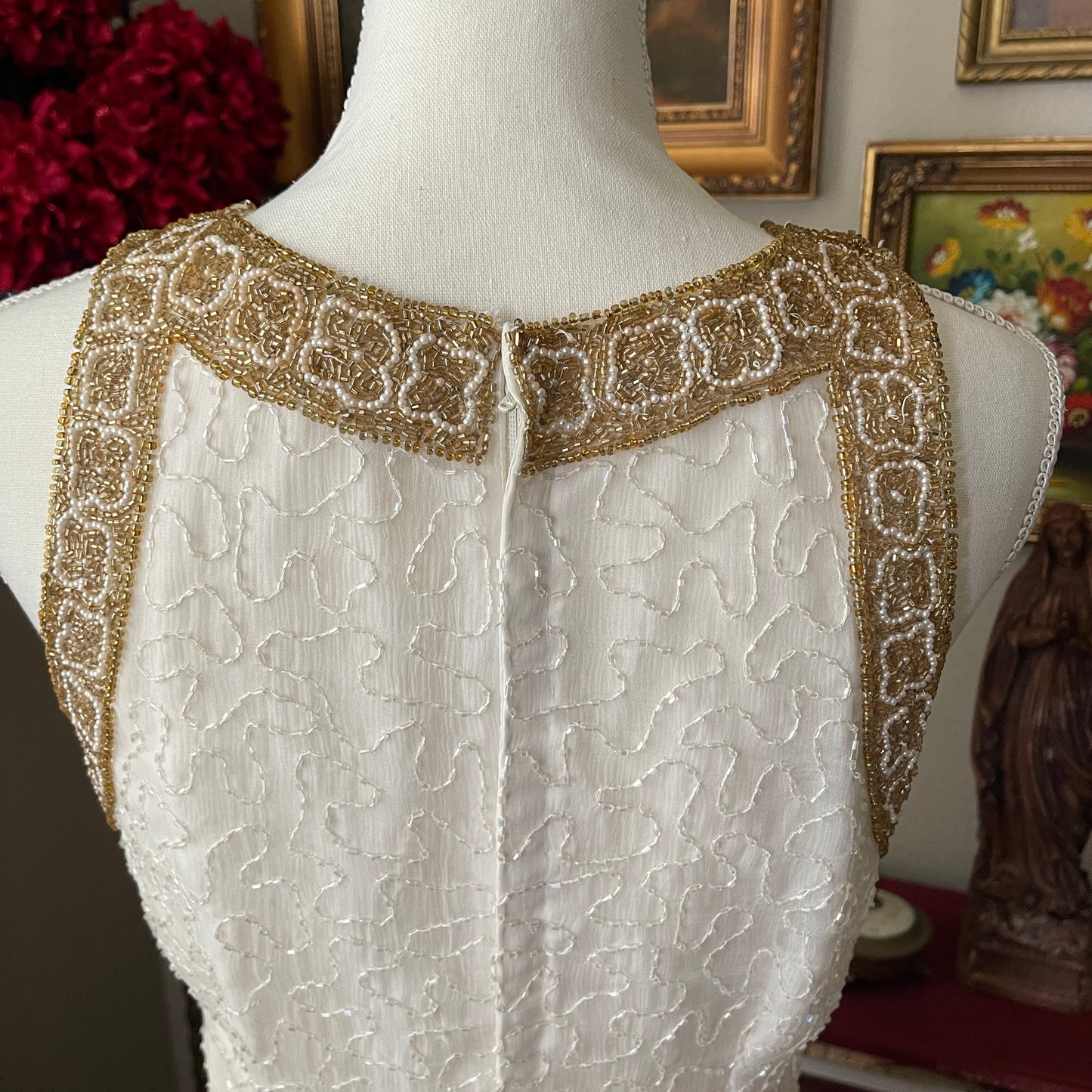 Laurence Kazar Vintage 80s White & Gold Beaded Dress