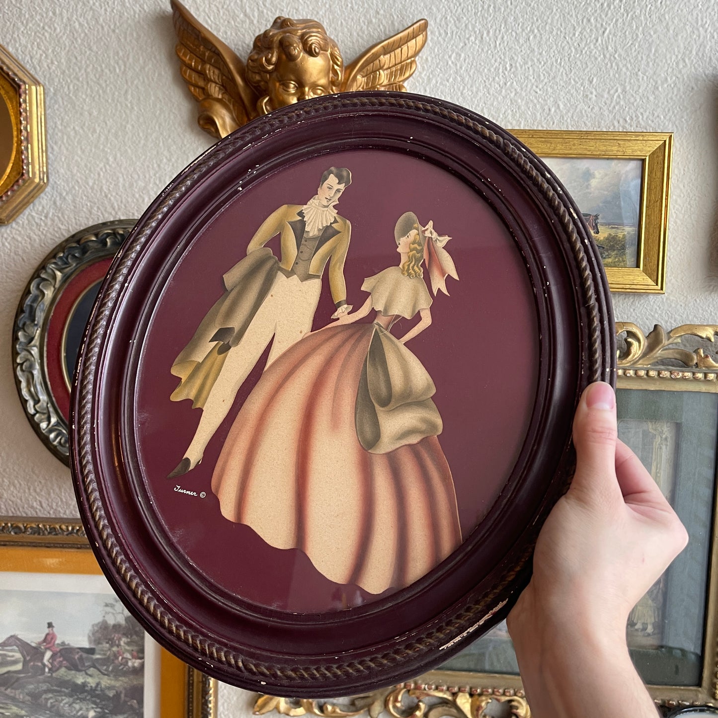 Vintage courting couple framed wood Oval