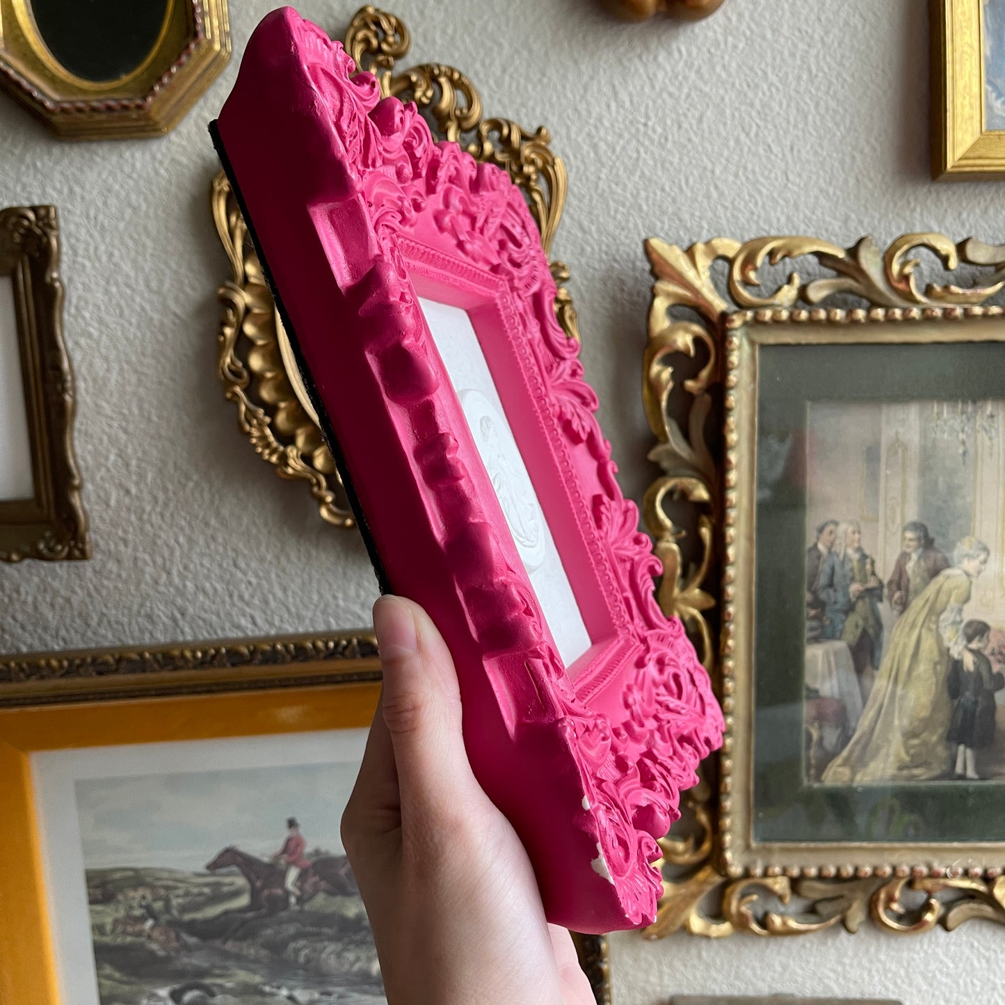 Hot Pink baroque frame with plaster intaglio art piece