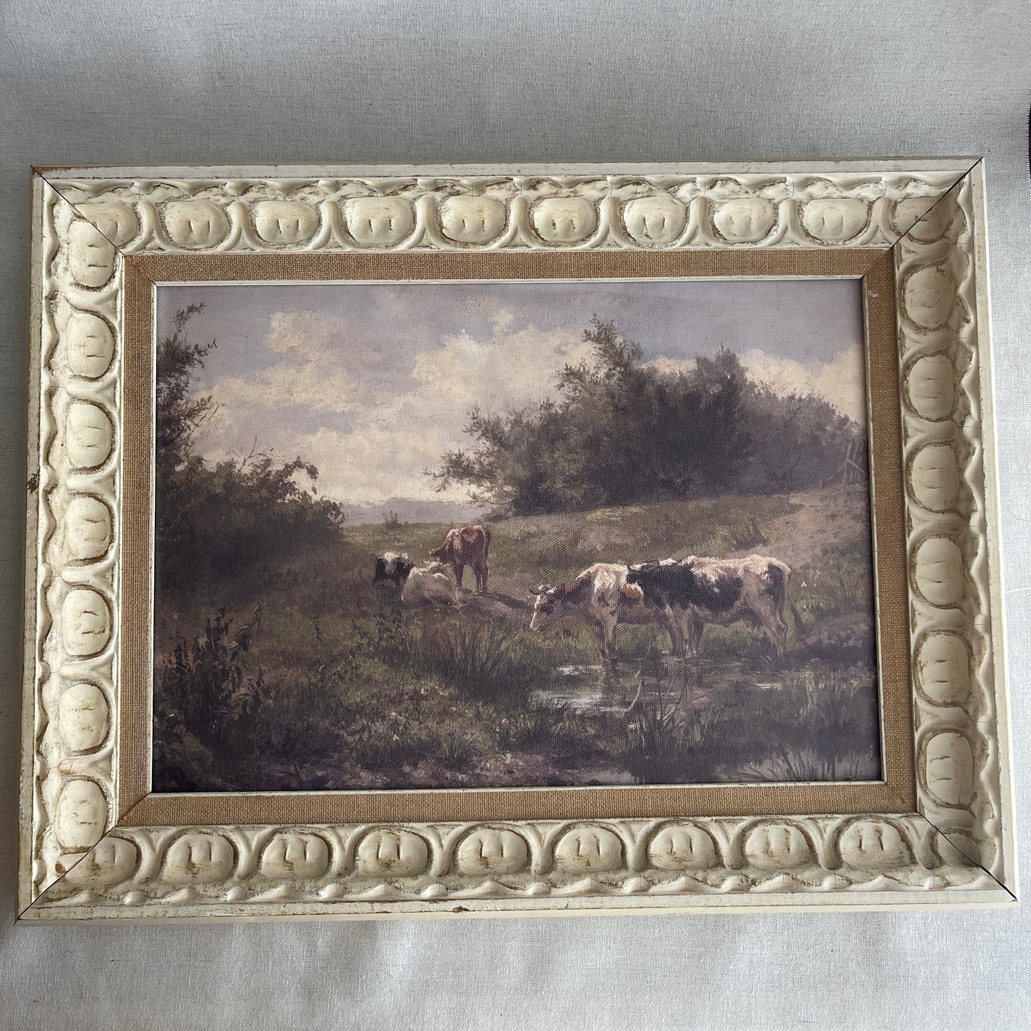 Vintage style wooden Cow scenery landscape art Print