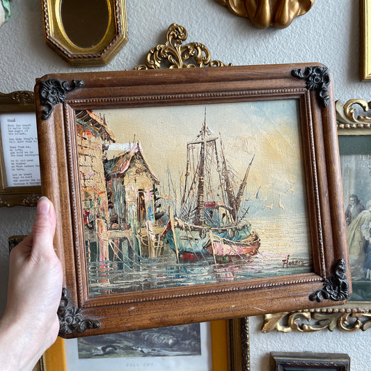 Vintage painting sailboat scenery canvas painting wood frame