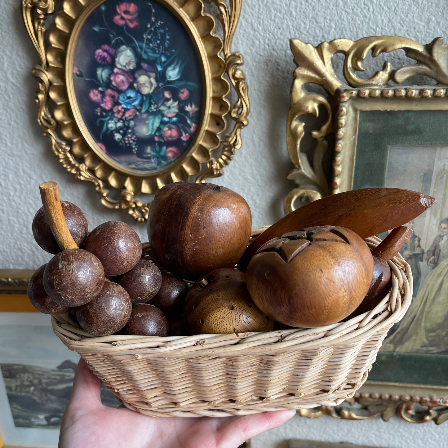 Vintage Carved Wooden Fruit and Basket Vintage 9 Piece Set