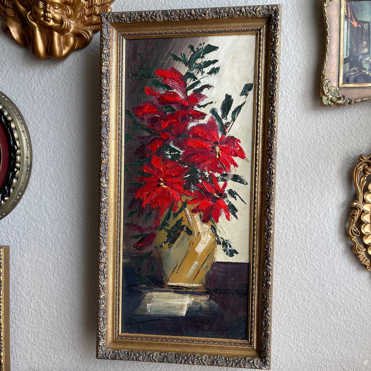 Vintage Red Poinsettia Flowers in Vase Painting Framed