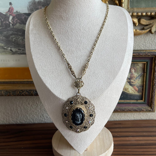 Vintage Germany Black Left Cameo Rhinestone Necklace